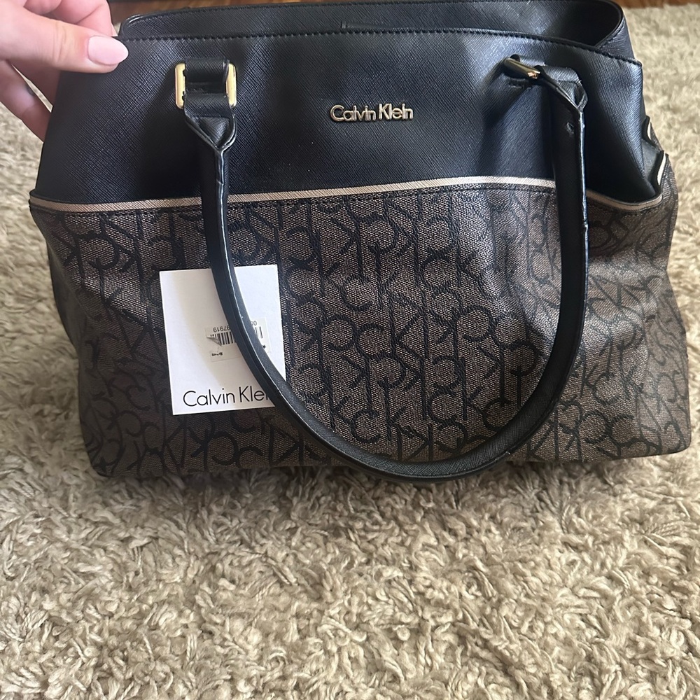Calvin Klein Black and Brown Monogram Shoulder Bag